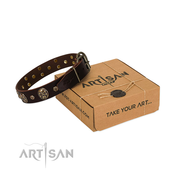 Reliable traditional buckle on full grain leather dog collar for your four-legged friend