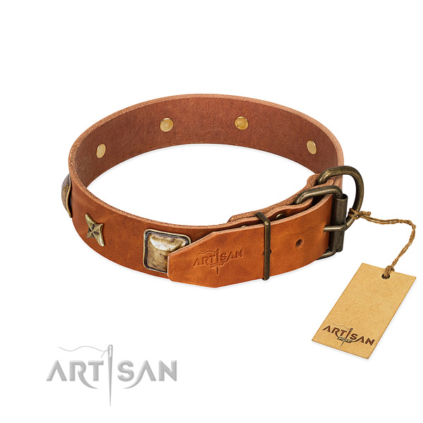 Natural genuine leather dog collar with durable D-ring and embellishments