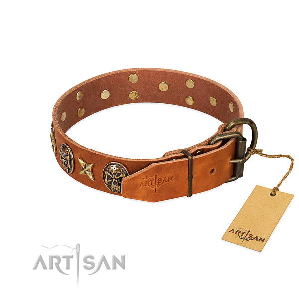 Full grain genuine leather dog collar with corrosion proof buckle and adornments