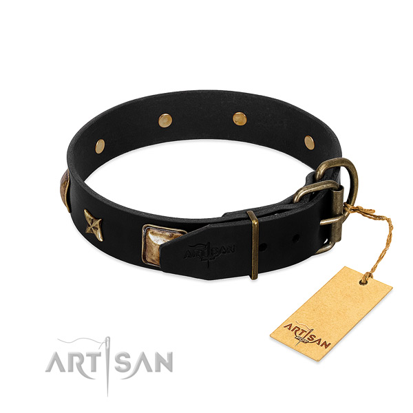 Durable hardware on leather collar for fancy walking your dog