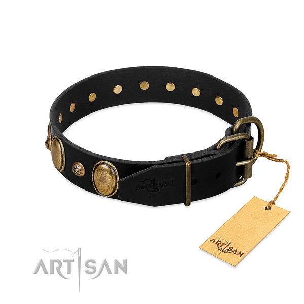 Rust-proof hardware on natural genuine leather collar for stylish walking your doggie