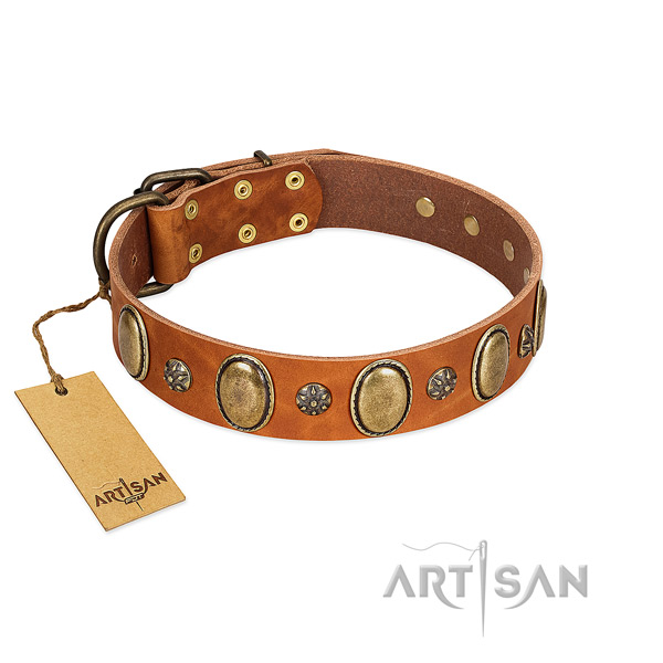 Handy use reliable genuine leather dog collar with decorations