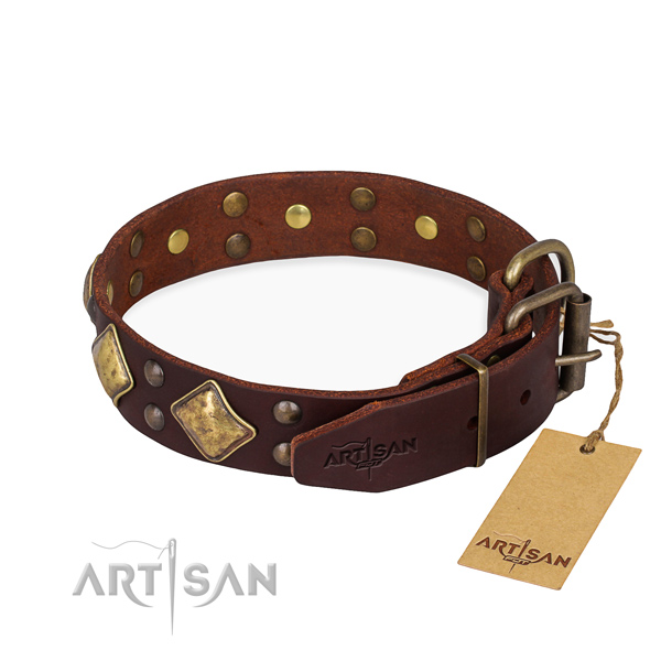 Genuine leather dog collar with exquisite corrosion resistant adornments