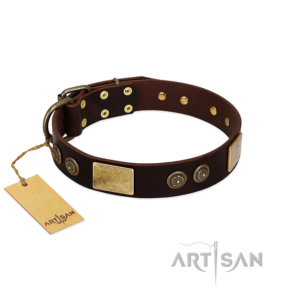 Durable D-ring on full grain natural leather dog collar for your dog
