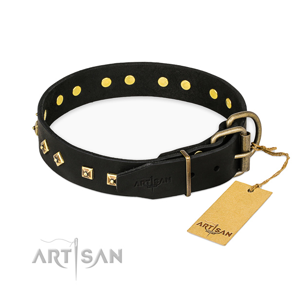 Reliable traditional buckle on full grain genuine leather collar for fancy walking your canine