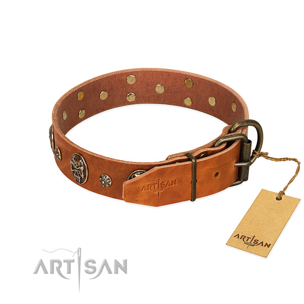 Durable D-ring on full grain genuine leather dog collar for your pet