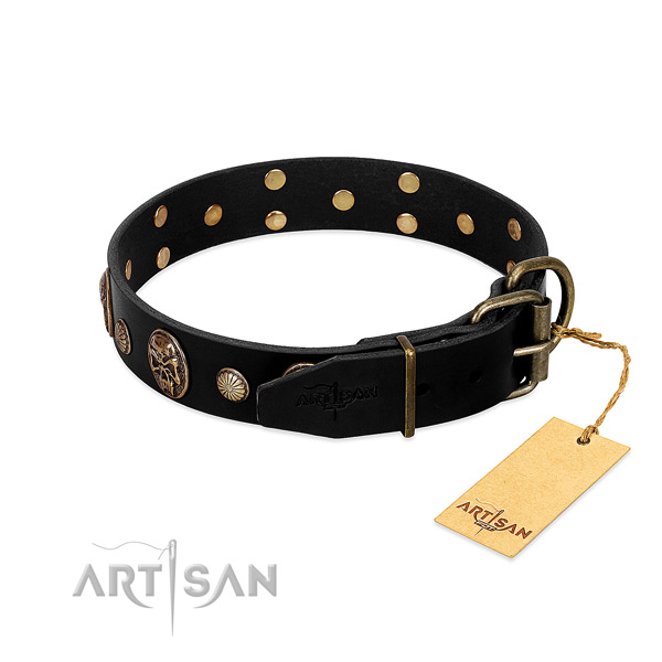 Durable buckle on full grain leather collar for walking your four-legged friend