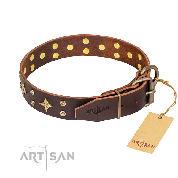 Handy use full grain genuine leather collar with studs for your four-legged friend