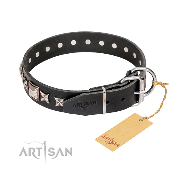 Daily use full grain natural leather collar with adornments for your canine