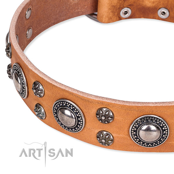 Daily use natural genuine leather collar with corrosion proof buckle and D-ring