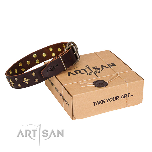 Adorned full grain leather dog collar for comfortable wearing