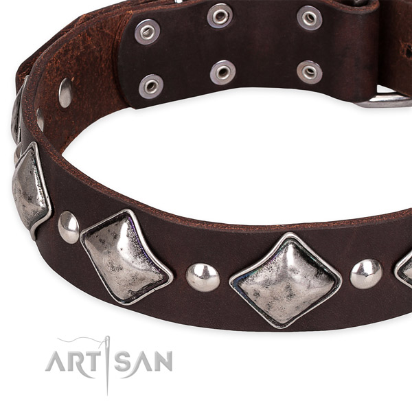 Adjustable leather dog collar with extra strong chrome plated buckle and D-ring